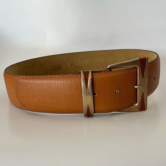 Statement 2” Wide Belt Made in Italy British Tan Lizard Embossed Leather Medium main image 8